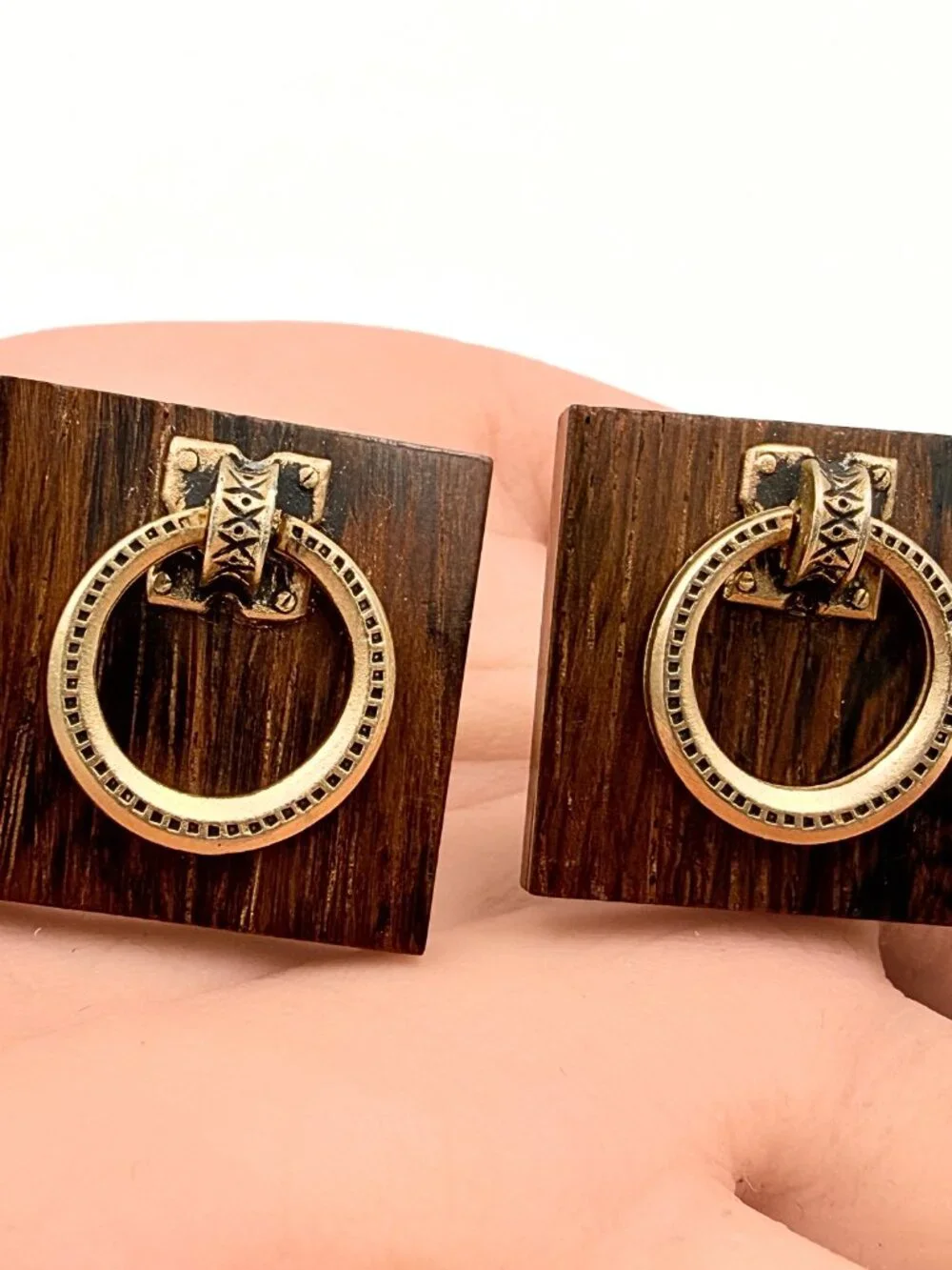 Swank Signed MCM Square Wood Gold Plated Door Knocker Brutalist Cufflinks